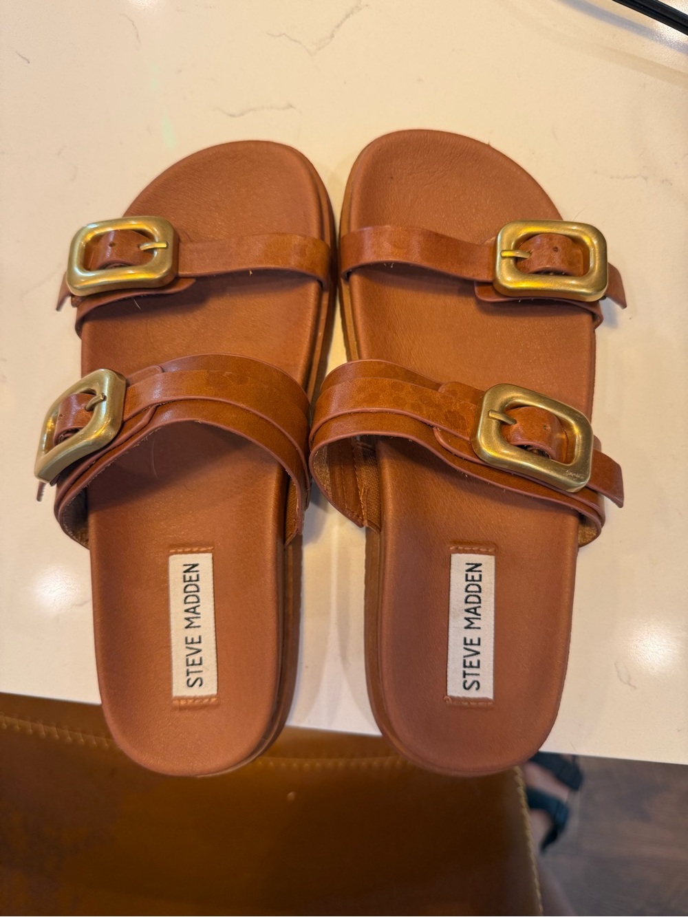 Steve Madden Tan Leather Double-Buckle Slide Sandals